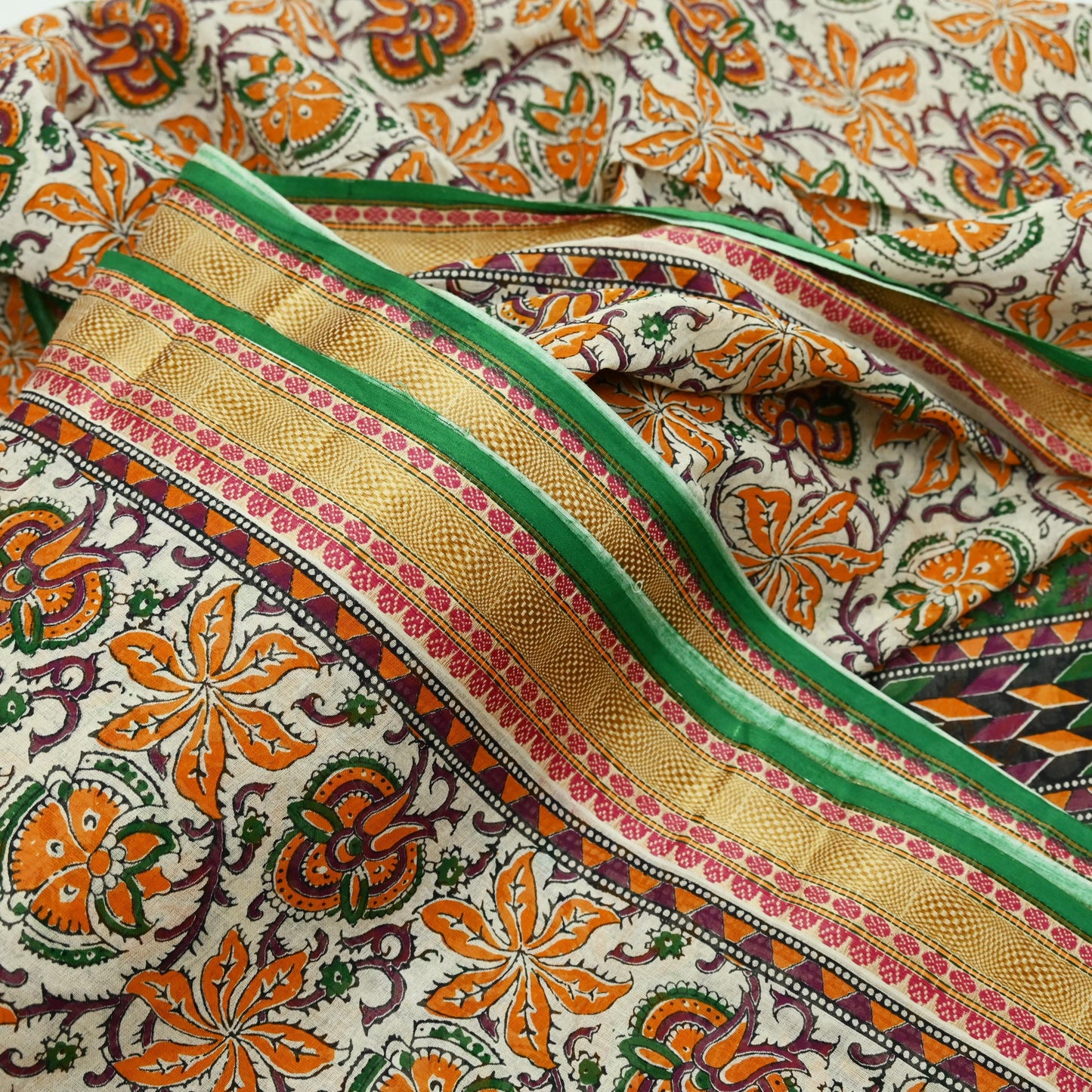 Indian Vintage Sari Green & Ivory Printed Pure Cotton Sarees 5Yd Craft Fabric Soft Sewing Sarong Wrap Boho Upcycle quilting Dress making
