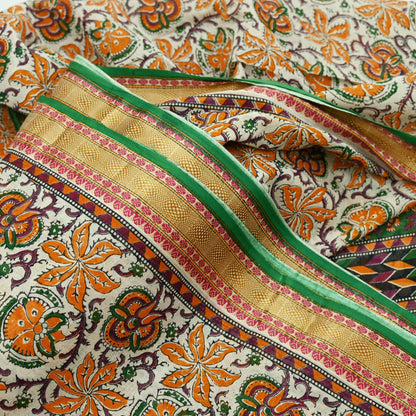 Indian Vintage Sari Green & Ivory Printed Pure Cotton Sarees 5Yd Craft Fabric Soft Sewing Sarong Wrap Boho Upcycle quilting Dress making
