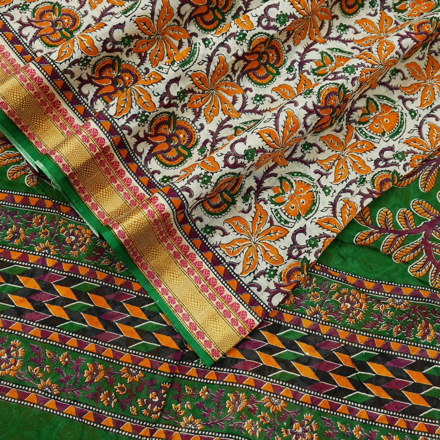 Indian Vintage Sari Green & Ivory Printed Pure Cotton Sarees 5Yd Craft Fabric Soft Sewing Sarong Wrap Boho Upcycle quilting Dress making
