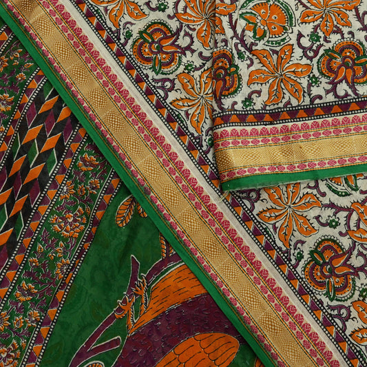 Indian Vintage Sari Green & Ivory Printed Pure Cotton Sarees 5Yd Craft Fabric Soft Sewing Sarong Wrap Boho Upcycle quilting Dress making