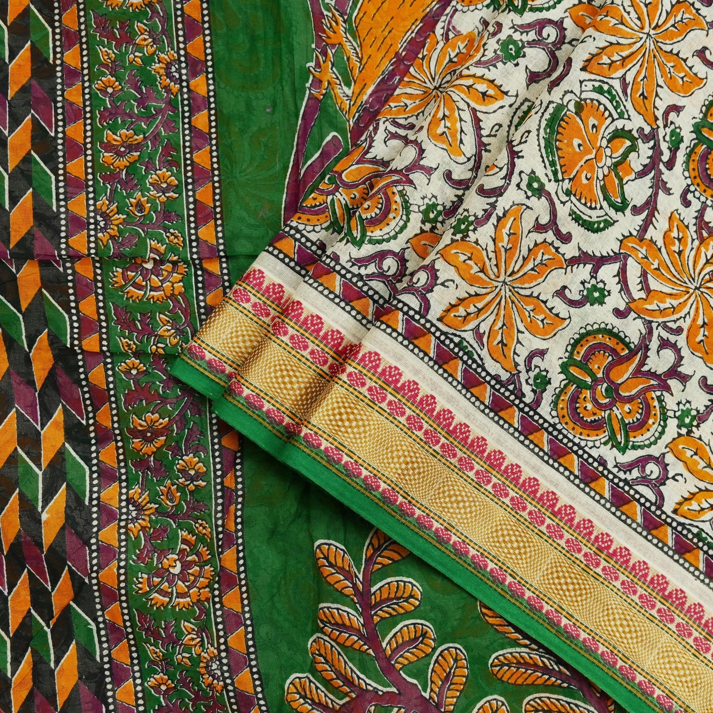 Indian Vintage Sari Green & Ivory Printed Pure Cotton Sarees 5Yd Craft Fabric Soft Sewing Sarong Wrap Boho Upcycle quilting Dress making