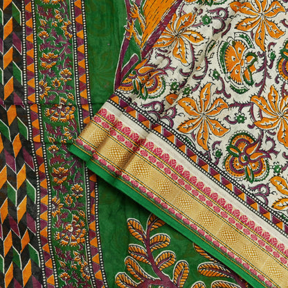 Indian Vintage Sari Green & Ivory Printed Pure Cotton Sarees 5Yd Craft Fabric Soft Sewing Sarong Wrap Boho Upcycle quilting Dress making