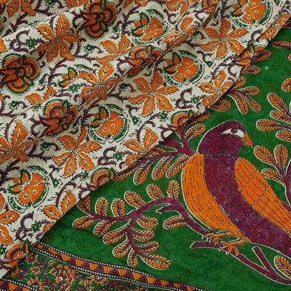 Indian Vintage Sari Green & Ivory Printed Pure Cotton Sarees 5Yd Craft Fabric Soft Sewing Sarong Wrap Boho Upcycle quilting Dress making