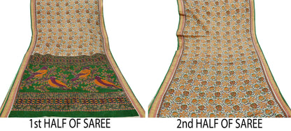 Indian Vintage Sari Green & Ivory Printed Pure Cotton Sarees 5Yd Craft Fabric Soft Sewing Sarong Wrap Boho Upcycle quilting Dress making