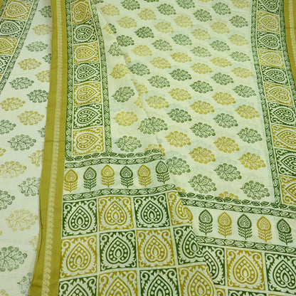 Indian Vintage Sari Ivory Printed Blend Cotton Saree Craft Fabric 5Yd Sewing Sarong Wrap Boho Floral Dress making Crafting