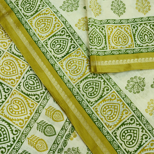 Indian Vintage Sari Ivory Printed Blend Cotton Saree Craft Fabric 5Yd Sewing Sarong Wrap Boho Floral Dress making Crafting