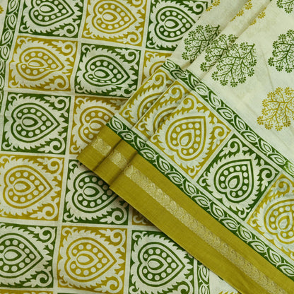 Indian Vintage Sari Ivory Printed Blend Cotton Saree Craft Fabric 5Yd Sewing Sarong Wrap Boho Floral Dress making Crafting