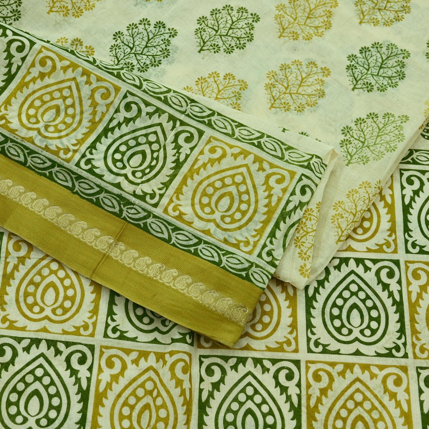 Indian Vintage Sari Ivory Printed Blend Cotton Saree Craft Fabric 5Yd Sewing Sarong Wrap Boho Floral Dress making Crafting