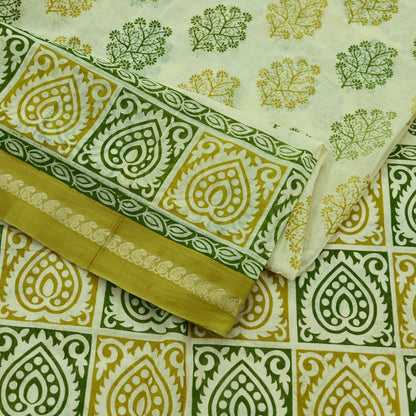 Indian Vintage Sari Ivory Printed Blend Cotton Saree Craft Fabric 5Yd Sewing Sarong Wrap Boho Floral Dress making Crafting