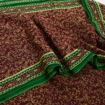 Indian Vintage Green & Maroon Saree Printed Pure Cotton Sari Craft Fabric Soft 5Yd Sewing Sarong Wrap Boho Floral Dress making Crafting