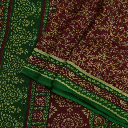 Indian Vintage Green & Maroon Saree Printed Pure Cotton Sari Craft Fabric Soft 5Yd Sewing Sarong Wrap Boho Floral Dress making Crafting