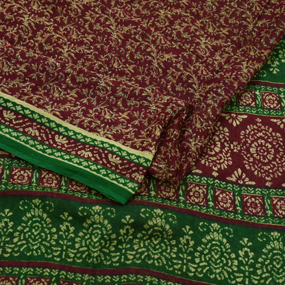 Indian Vintage Green & Maroon Saree Printed Pure Cotton Sari Craft Fabric Soft 5Yd Sewing Sarong Wrap Boho Floral Dress making Crafting