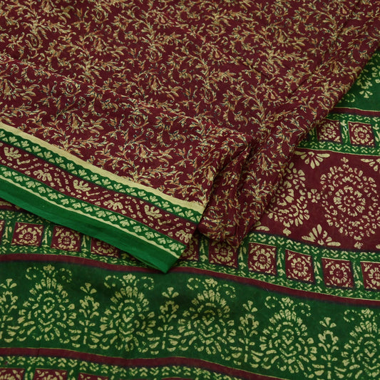 Indian Vintage Green & Maroon Saree Printed Pure Cotton Sari Craft Fabric Soft 5Yd Sewing Sarong Wrap Boho Floral Dress making Crafting