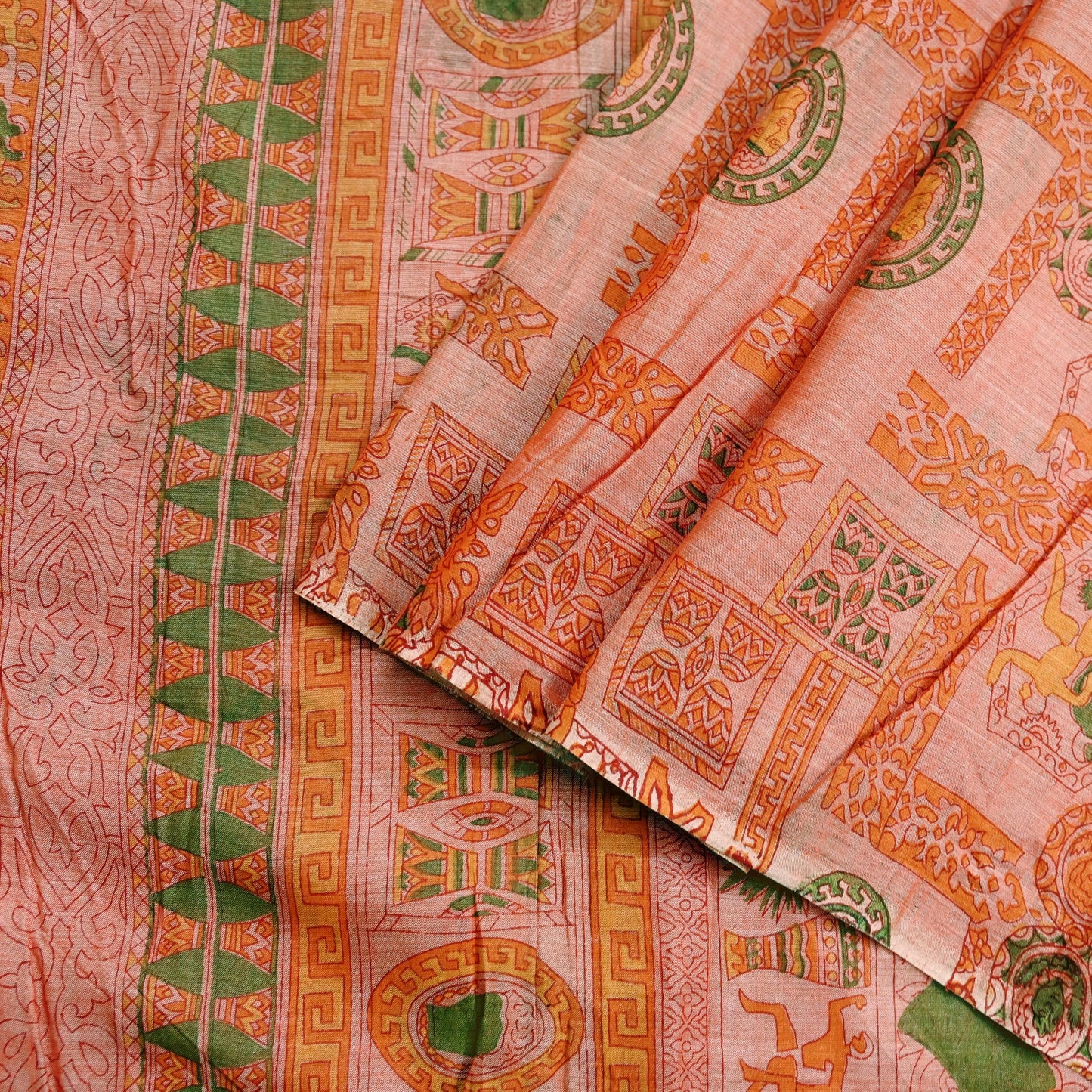 Indian Vintage Sari Orange 100% Pure Silk Printed Saree Craft Fabric 5yd Sewing Dress Making Soft Wrap Floral Quilting Crafting Upcycle