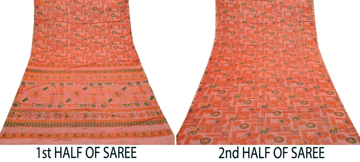 Indian Vintage Sari Orange 100% Pure Silk Printed Saree Craft Fabric 5yd Sewing Dress Making Soft Wrap Floral Quilting Crafting Upcycle