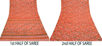 Indian Vintage Sari Orange 100% Pure Silk Printed Saree Craft Fabric 5yd Sewing Dress Making Soft Wrap Floral Quilting Crafting Upcycle