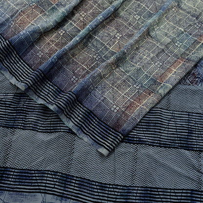 Indian Vintage Gray & Ivory Saree Pure Crepe Silk Printed Sari Craft Fabric 5yd Sewing Soft Wrap Dress making Crafting Quilting