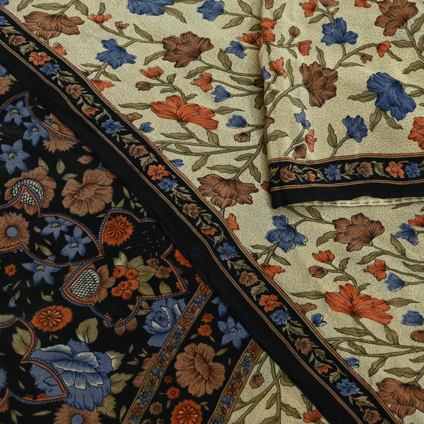 Indian Vintage Beige & Black Saree Pure Crepe Silk Printed Sari Craft Fabric 5yd Sewing Floral Soft Wrap Dress making Crafting Quilting