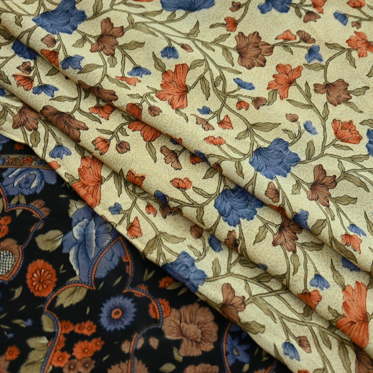 Indian Vintage Beige & Black Saree Pure Crepe Silk Printed Sari Craft Fabric 5yd Sewing Floral Soft Wrap Dress making Crafting Quilting