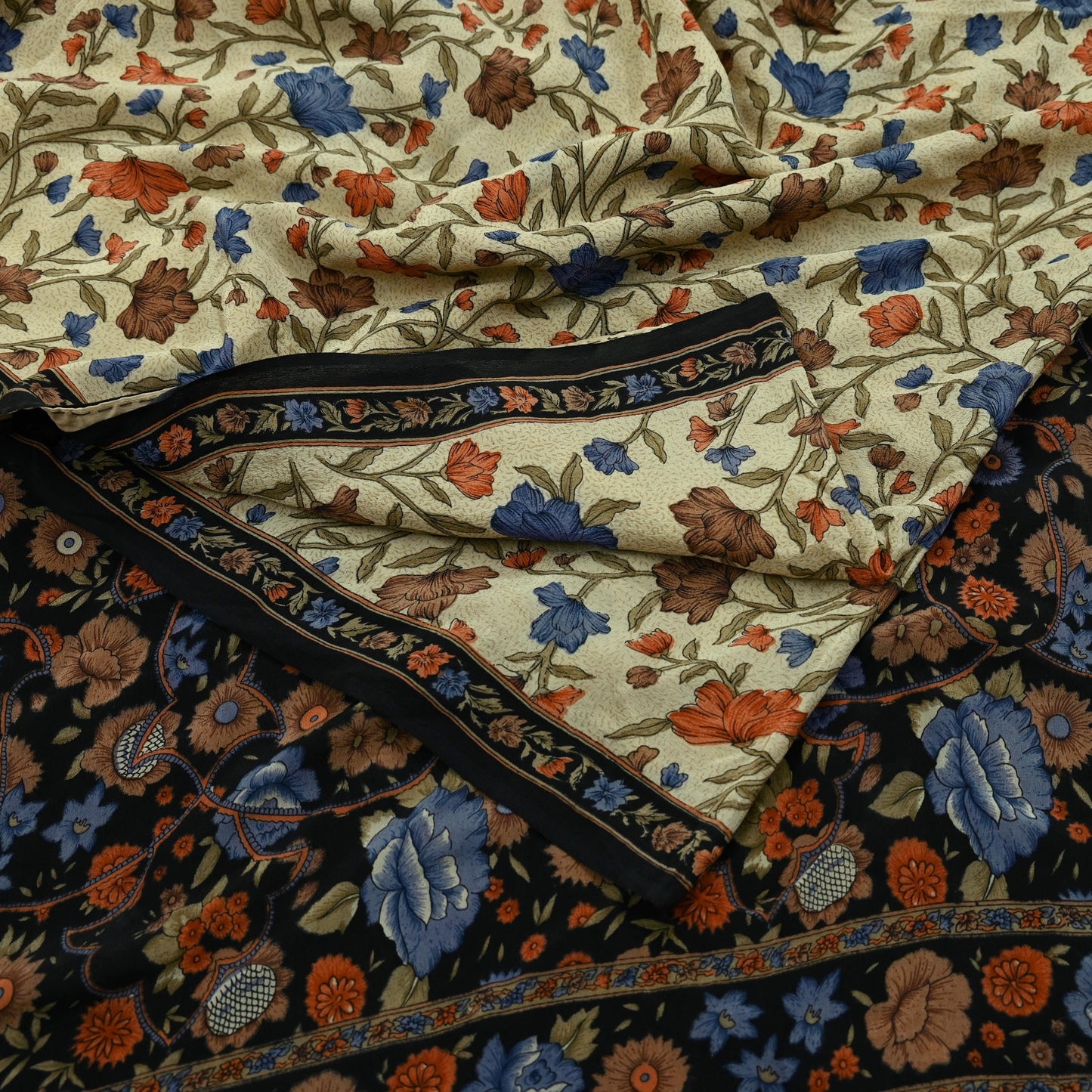 Indian Vintage Beige & Black Saree Pure Crepe Silk Printed Sari Craft Fabric 5yd Sewing Floral Soft Wrap Dress making Crafting Quilting