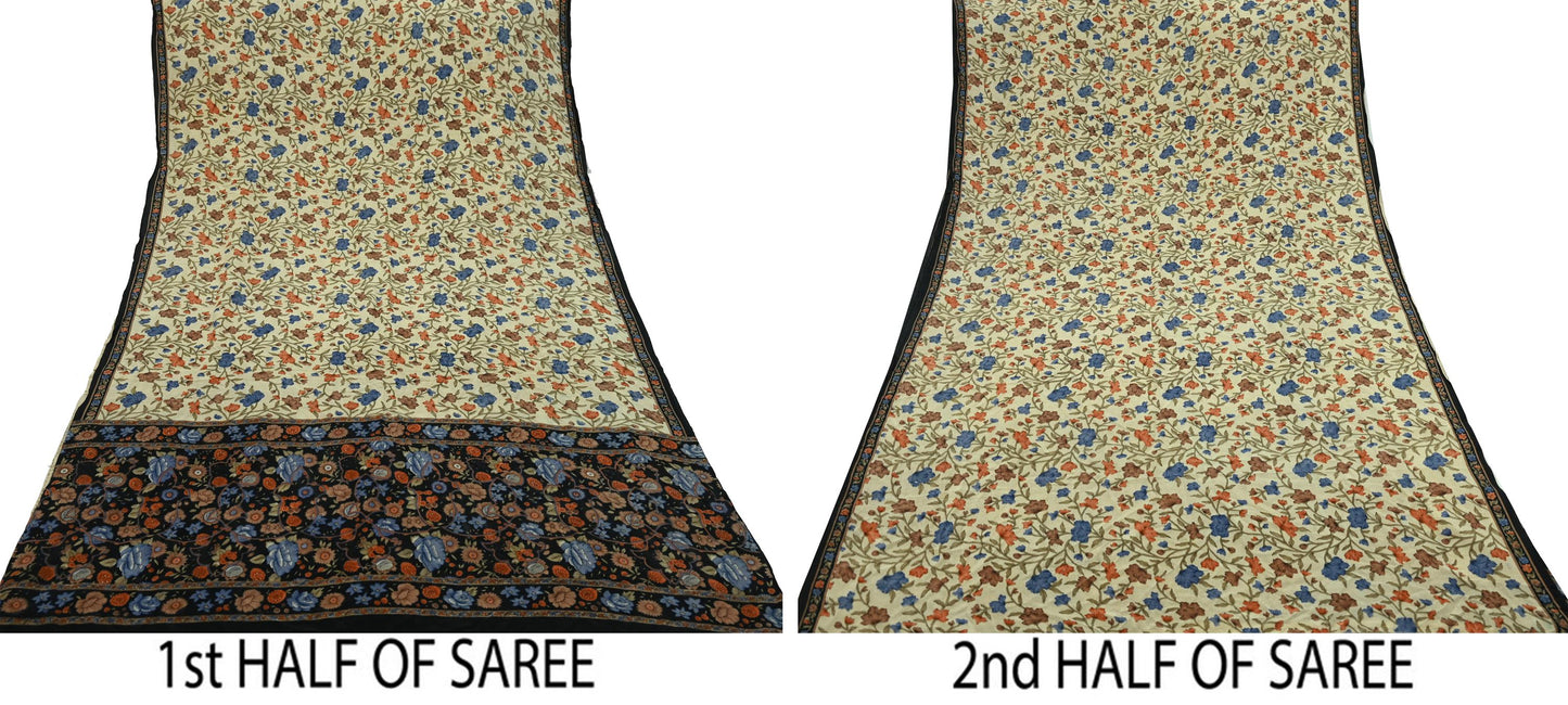 Indian Vintage Beige & Black Saree Pure Crepe Silk Printed Sari Craft Fabric 5yd Sewing Floral Soft Wrap Dress making Crafting Quilting