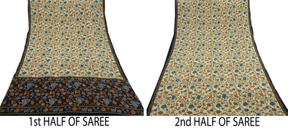 Indian Vintage Beige & Black Saree Pure Crepe Silk Printed Sari Craft Fabric 5yd Sewing Floral Soft Wrap Dress making Crafting Quilting