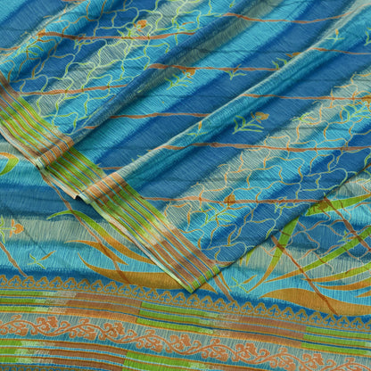 Indian Vintage Blue Saree Pure Crepe Silk Printed Sari 5yd Sewing Abstract Soft Craft Fabric Wrap Dress making Crafting Quilting Upcycle