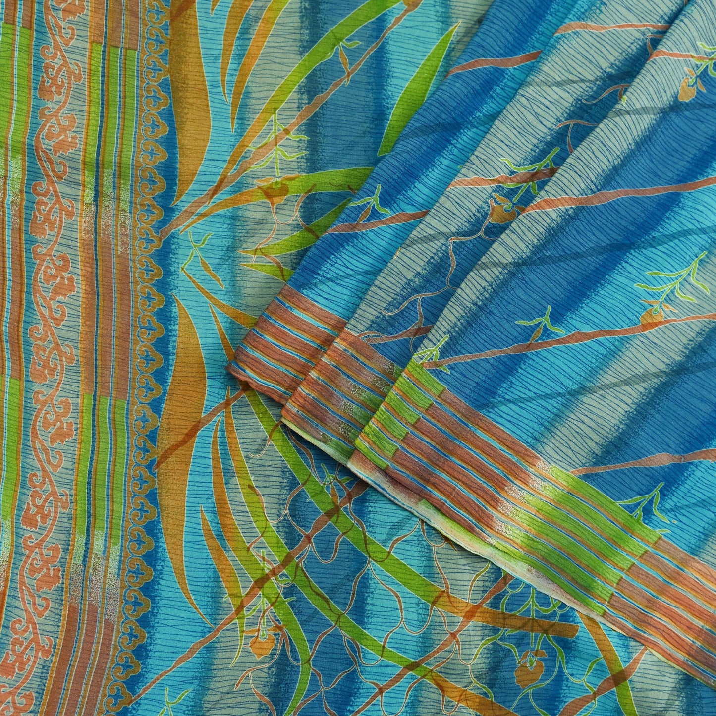 Indian Vintage Blue Saree Pure Crepe Silk Printed Sari 5yd Sewing Abstract Soft Craft Fabric Wrap Dress making Crafting Quilting Upcycle