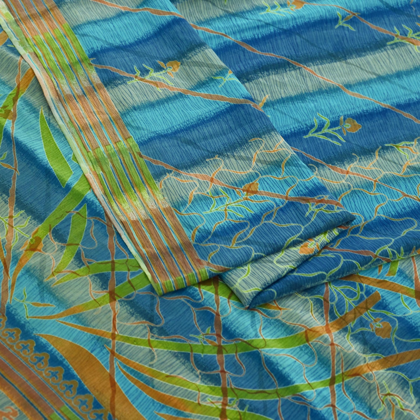 Indian Vintage Blue Saree Pure Crepe Silk Printed Sari 5yd Sewing Abstract Soft Craft Fabric Wrap Dress making Crafting Quilting Upcycle