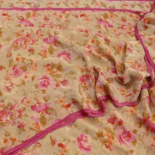 Indian Vintage Sari Beige Pure Crepe Silk Printed Sarees 5yd Sewing Floral Soft Craft Fabric Wrap Dress making Crafting Quilting Used