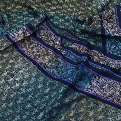 Indian Vintage Blue Saree Pure Crepe Silk Printed Sari 5yd Sewing Floral Soft Craft Fabric Wrap Dress making Crafting Quilting Upcycle