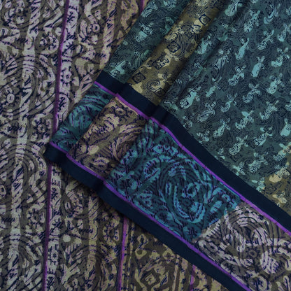 Indian Vintage Blue Saree Pure Crepe Silk Printed Sari 5yd Sewing Floral Soft Craft Fabric Wrap Dress making Crafting Quilting Upcycle
