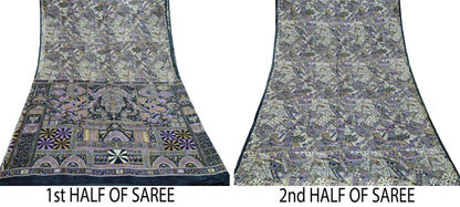 Indian Vintage Sari Gray 100% Pure Silk Printed Saree Craft Fabric 5yd Sewing DressMaking  Soft Abstract Crafting Quilting Upcycle Used