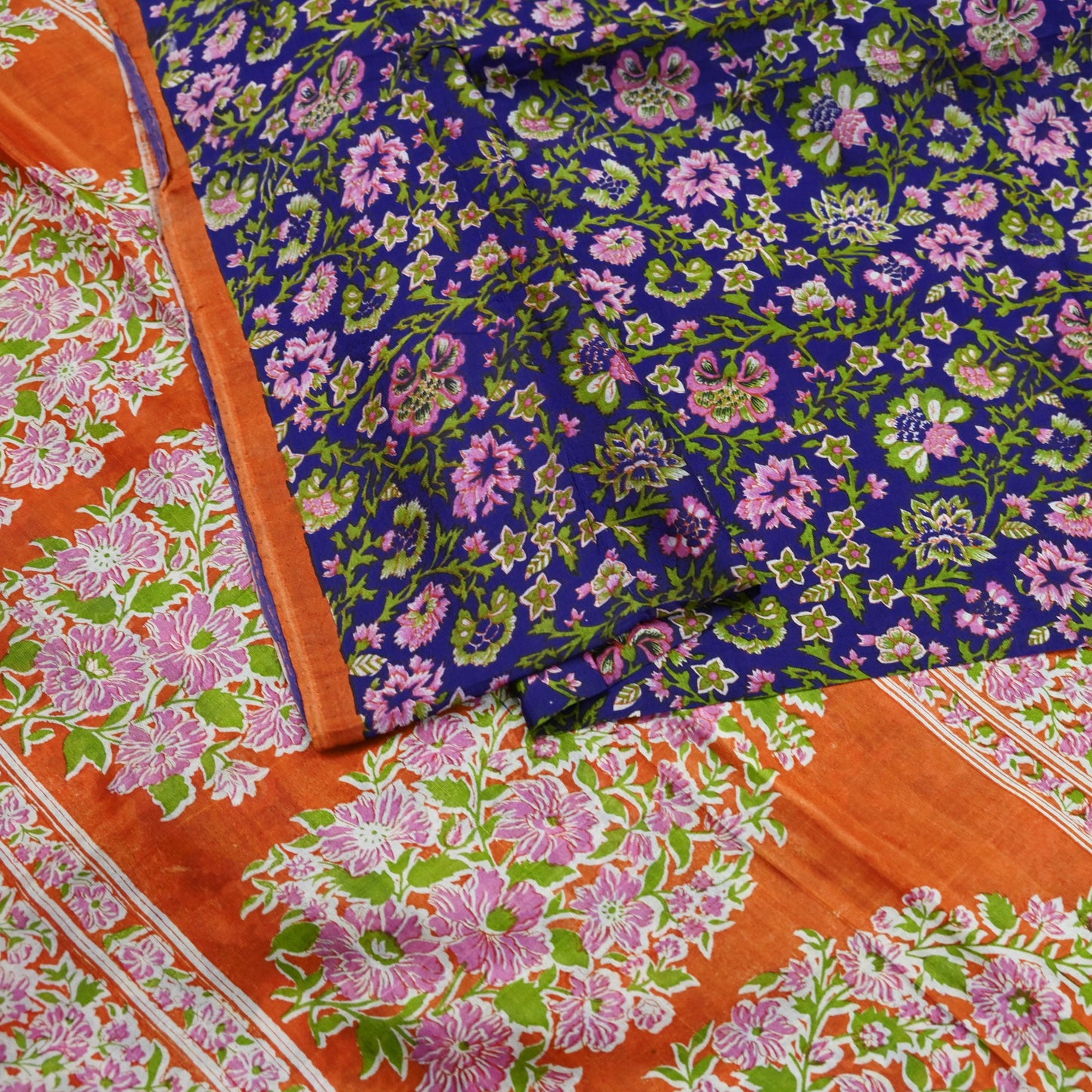 Indian Vintage Sari Orange & Purple Printed 100% Pure Silk Sarees Craft Fabric 5yd Sewing Dress Making Soft Wrap Quilting Crafting Upcycle