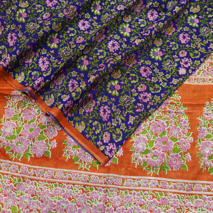 Indian Vintage Sari Orange & Purple Printed 100% Pure Silk Sarees Craft Fabric 5yd Sewing Dress Making Soft Wrap Quilting Crafting Upcycle