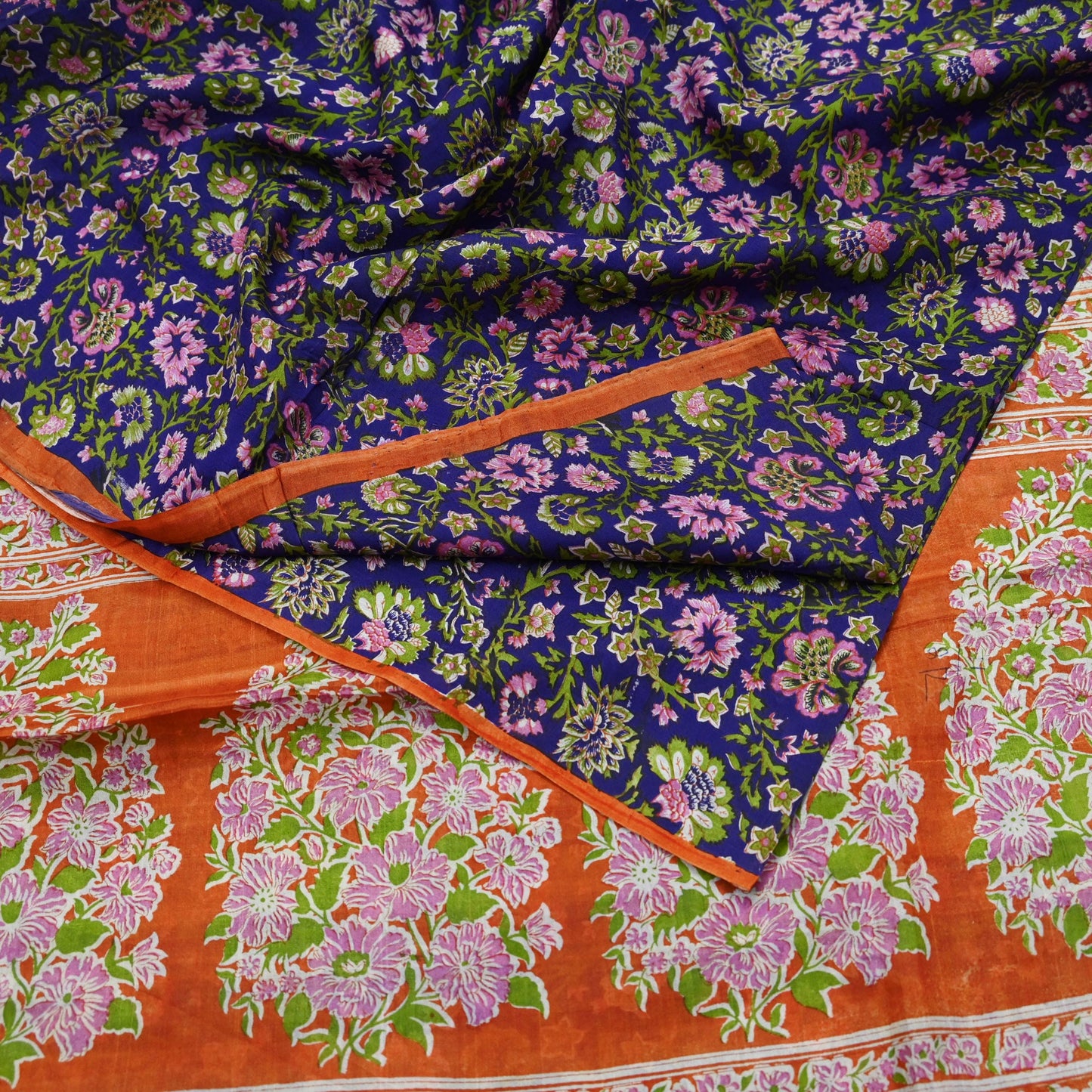 Indian Vintage Sari Orange & Purple Printed 100% Pure Silk Sarees Craft Fabric 5yd Sewing Dress Making Soft Wrap Quilting Crafting Upcycle