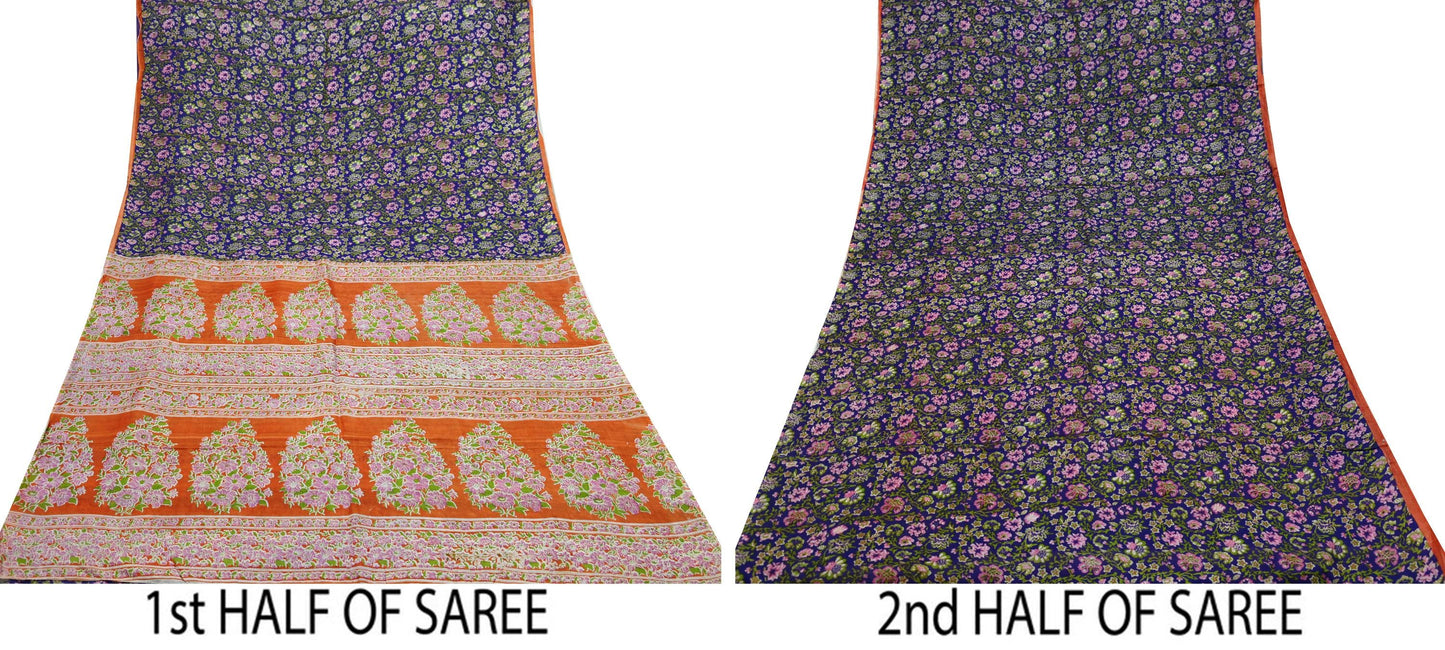 Indian Vintage Sari Orange & Purple Printed 100% Pure Silk Sarees Craft Fabric 5yd Sewing Dress Making Soft Wrap Quilting Crafting Upcycle