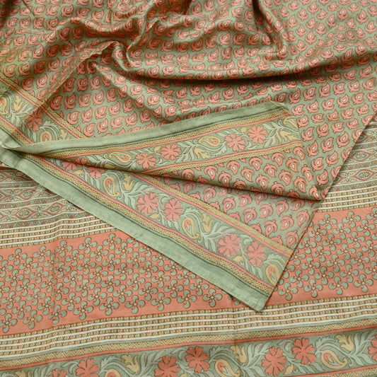 Indian Vintage Peach & Green Saree Pure Silk Printed Sari Craft Fabric 6yd Sewing Floral Soft Dress Designing for Crafting Quilting Upcycle