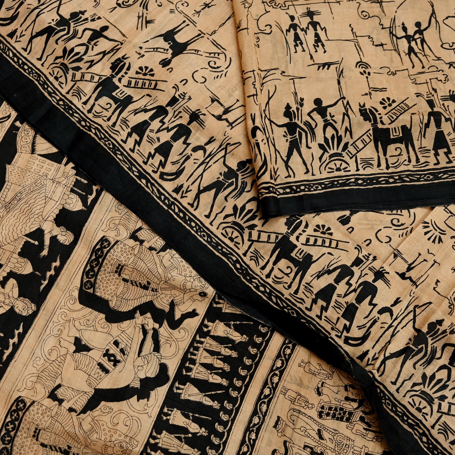 Indian Vintage Sari Black & Beige Pure Silk Printed Sarees Craft Fabric 6yd Sewing Dress Making Humans Elephants Quilting Upcycle Crafting