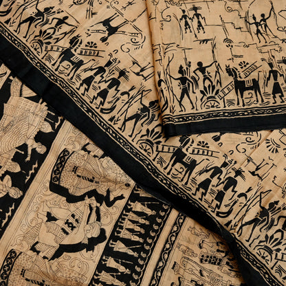 Indian Vintage Sari Black & Beige Pure Silk Printed Sarees Craft Fabric 6yd Sewing Dress Making Humans Elephants Quilting Upcycle Crafting