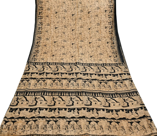 Indian Vintage Sari Black & Beige Pure Silk Printed Sarees Craft Fabric 6yd Sewing Dress Making Humans Elephants Quilting Upcycle Crafting