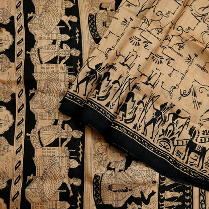 Indian Vintage Sari Black & Beige Pure Silk Printed Sarees Craft Fabric 6yd Sewing Dress Making Humans Elephants Quilting Upcycle Crafting