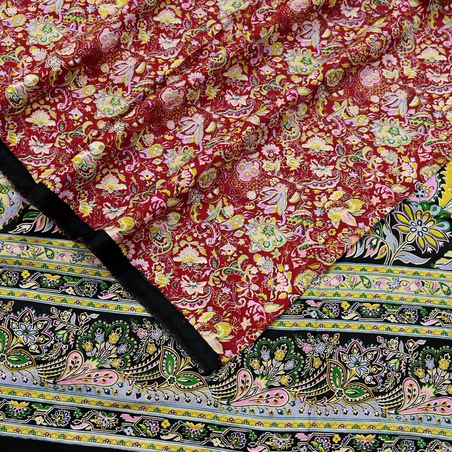 Indian Vintage Sari Black & Red Pure Silk Printed Sarees 5yd Sewing Craft Fabric Dress Making Soft Quilting Crafting Upcycle Used Floral