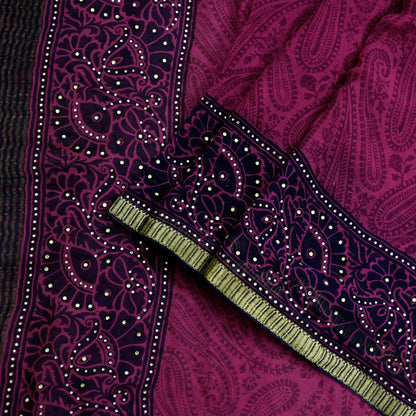 Indian Vintage Sari Blue & Pink Pure Chiffon Silk Printed Sarees Craft Fabric Sewing 5Yd Soft Light Sari Dress Making Zari Border Quilting
