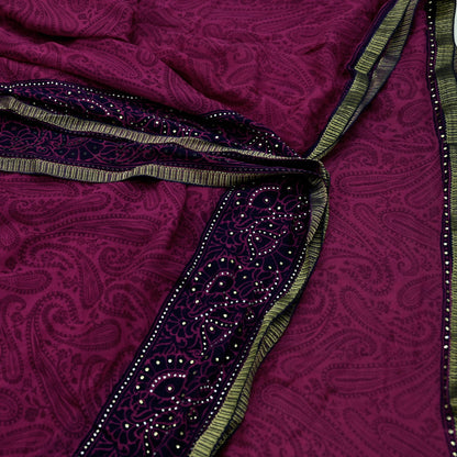 Indian Vintage Sari Blue & Pink Pure Chiffon Silk Printed Sarees Craft Fabric Sewing 5Yd Soft Light Sari Dress Making Zari Border Quilting