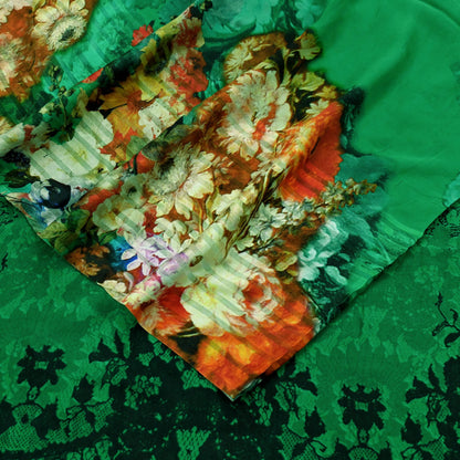 Indian Vintage Green & Black Saree Pure Georgette Silk Digital Printed Sari Sewing 5yd Craft Fabric Soft Floral Crafting Dress Making