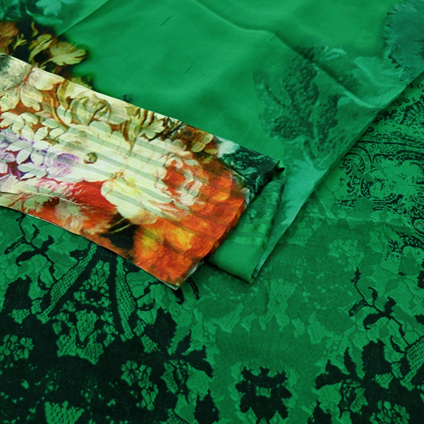 Indian Vintage Green & Black Saree Pure Georgette Silk Digital Printed Sari Sewing 5yd Craft Fabric Soft Floral Crafting Dress Making