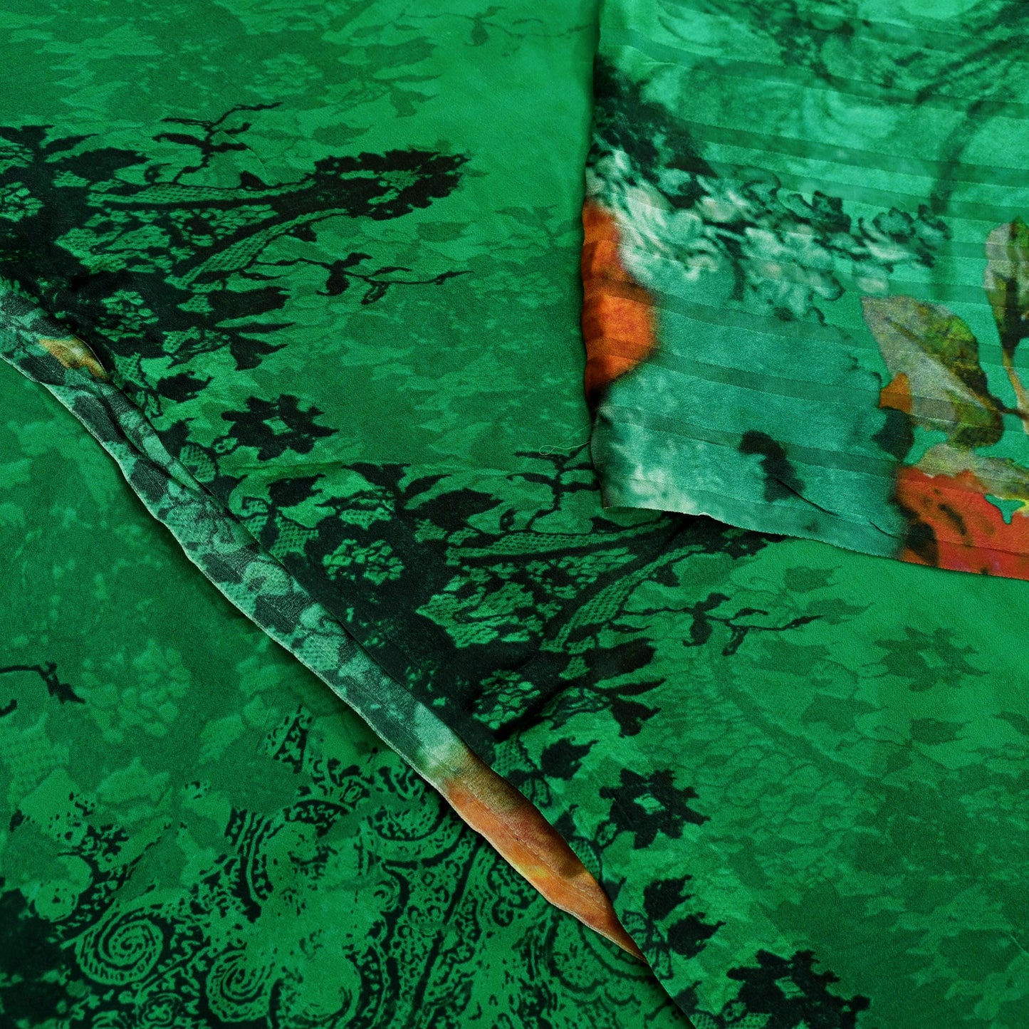 Indian Vintage Green & Black Saree Pure Georgette Silk Digital Printed Sari Sewing 5yd Craft Fabric Soft Floral Crafting Dress Making