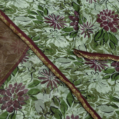 Indian Vintage Sari Green & Ivory Pure Chiffon Silk Printed Sarees 5Yd Craft Fabric Sewing Soft Light Sari Dress Making Upcycle Quilting