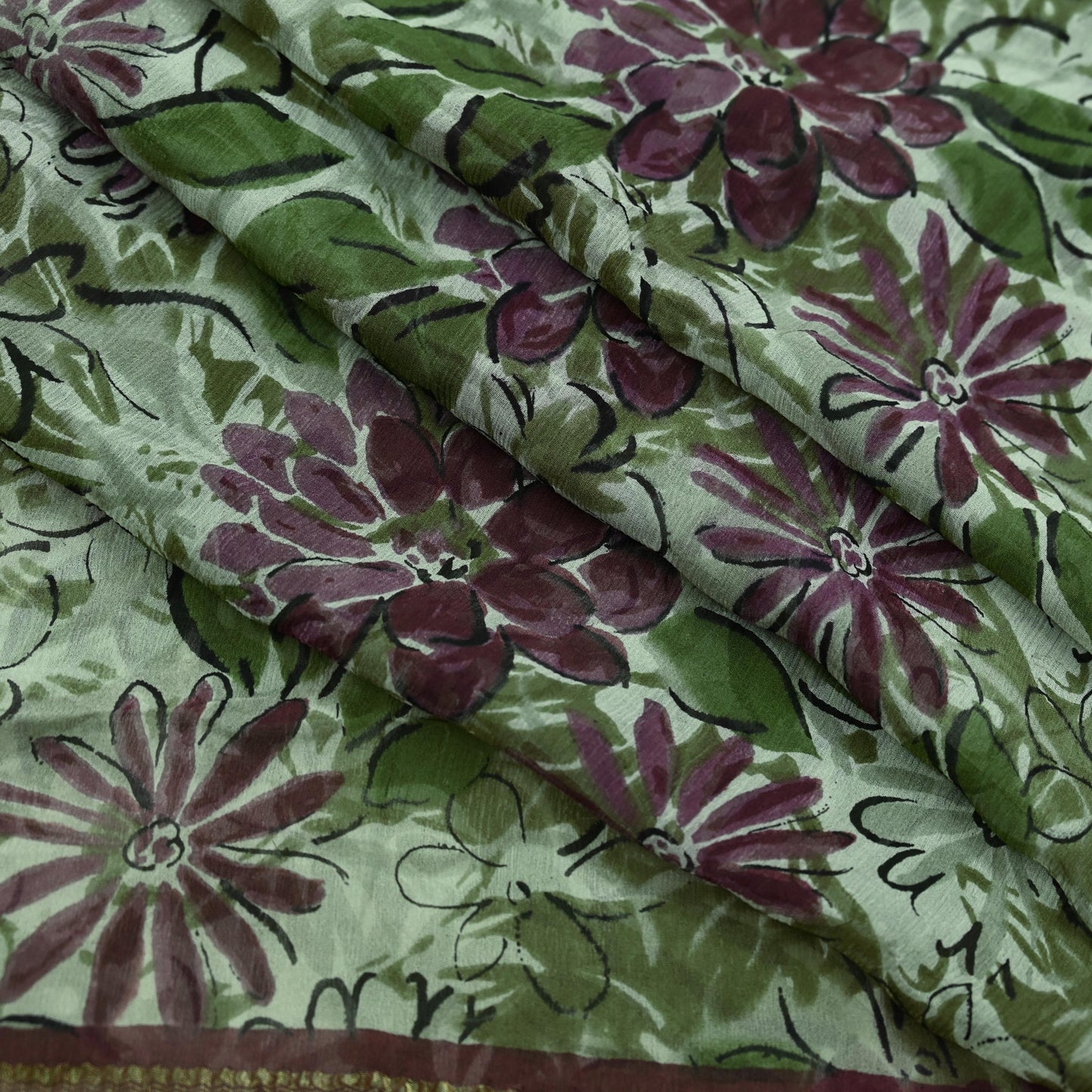 Indian Vintage Sari Green & Ivory Pure Chiffon Silk Printed Sarees 5Yd Craft Fabric Sewing Soft Light Sari Dress Making Upcycle Quilting